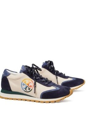 Tory Burch Annie Nylon Navy, Cream & Yellow Retro Runner Sneakers